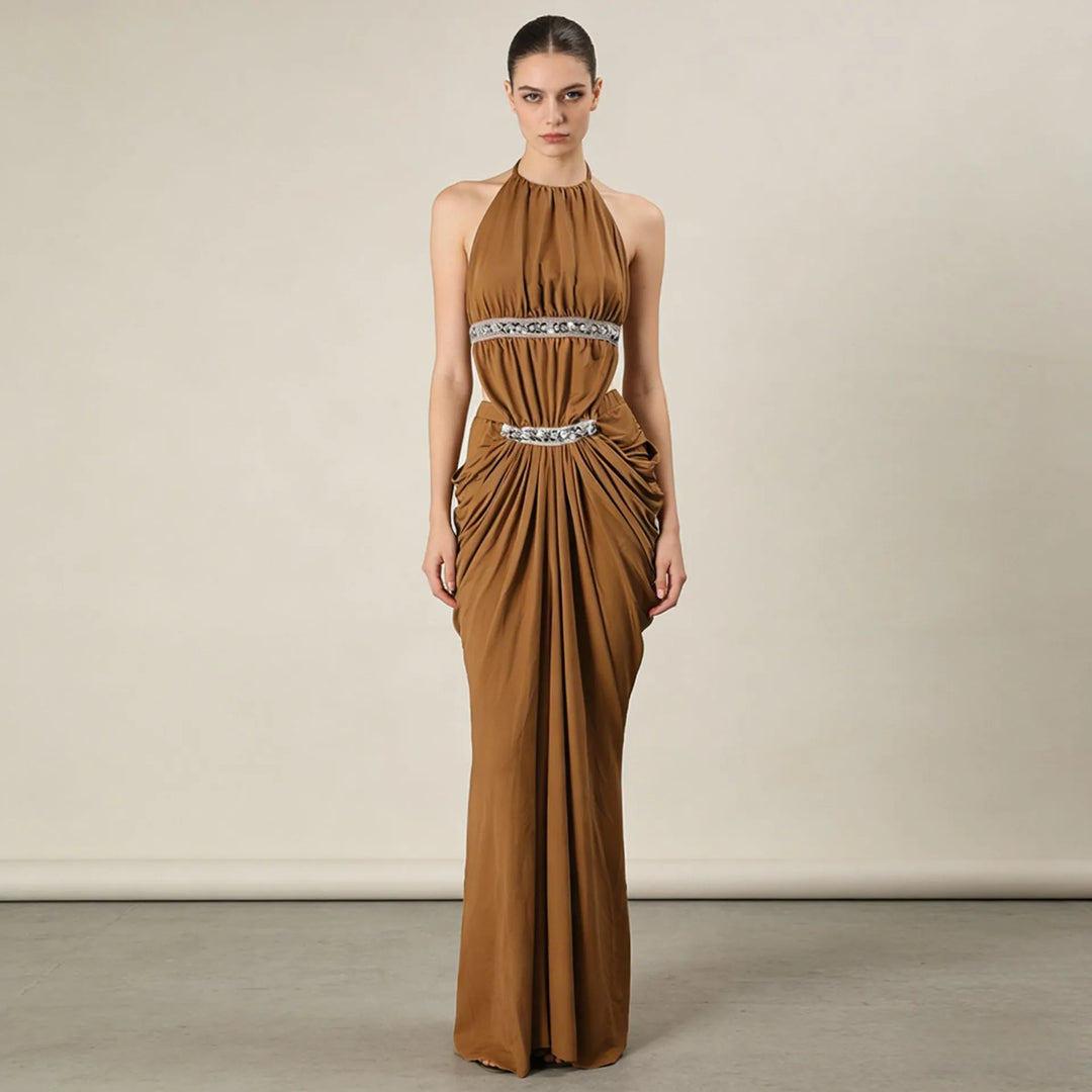Halter Rhinestone Waist Double Ruched Mermaid Maxi Evening Dress