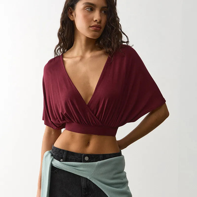 Deep V-Neck Cross-Over Batwing Sleeve Top