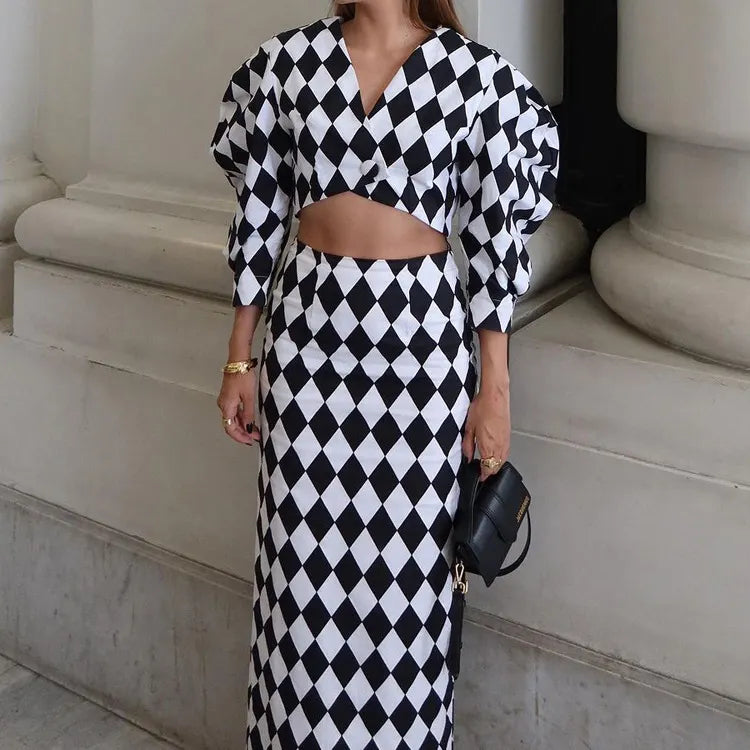 Diamond Check Puff Sleeve V-Neck Crop Top &amp; High Waist Mermaid Maxi Skirt 2-Piece Co-Ord Set