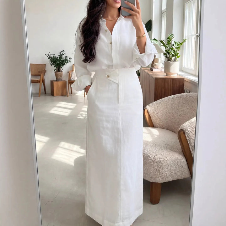 Fashionable Lapel Collar Loose-Fit Long-Sleeve Shirt And High-Waist Skirt Set