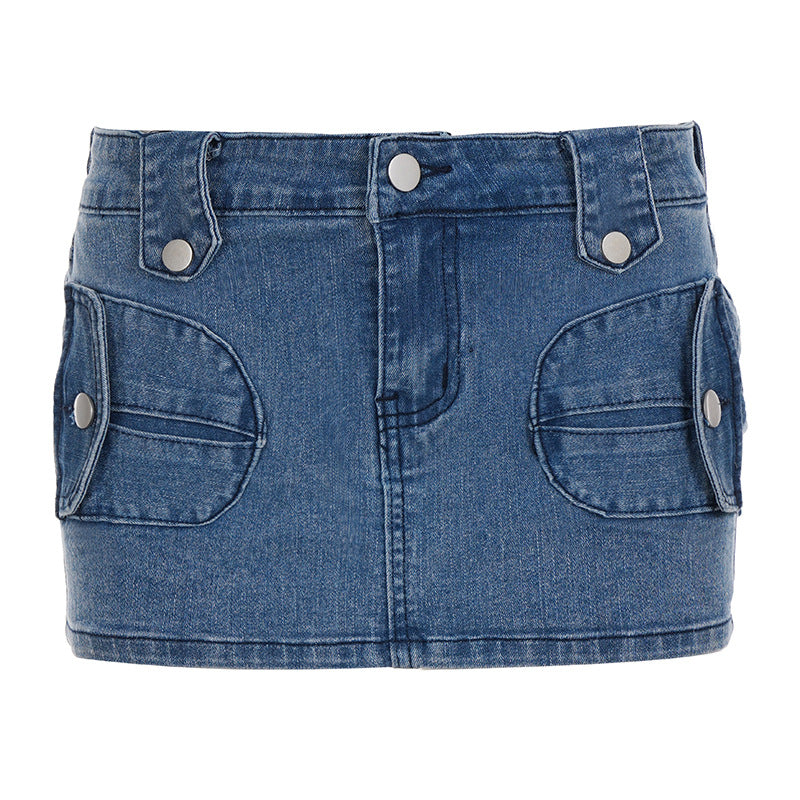 Washed Fashionable Street-Style Denim Skirt With Slant Pockets