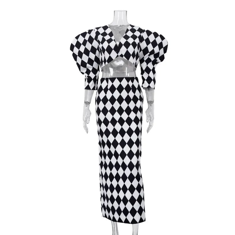 Diamond Check Puff Sleeve V-Neck Crop Top &amp; High Waist Mermaid Maxi Skirt 2-Piece Co-Ord Set