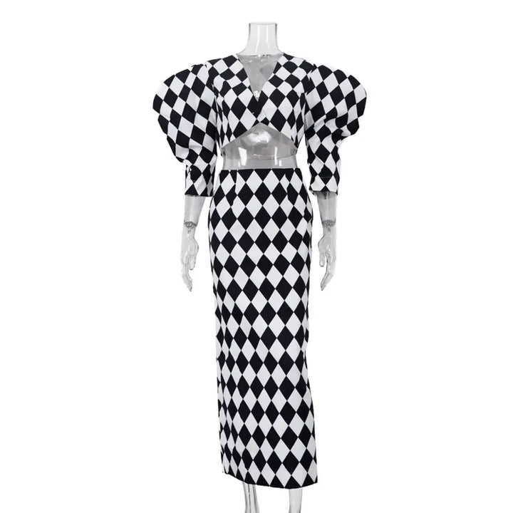 Diamond Check Puff Sleeve V-Neck Crop Top &amp; High Waist Mermaid Maxi Skirt 2-Piece Co-Ord Set
