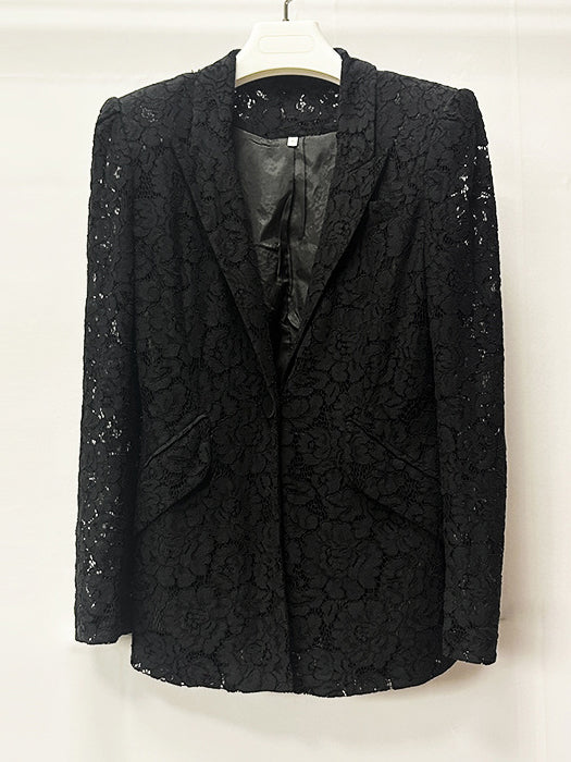 Floral Lace Single Button Blazer &amp; High Waist Wide Leg Pants 2-Piece Suit Set