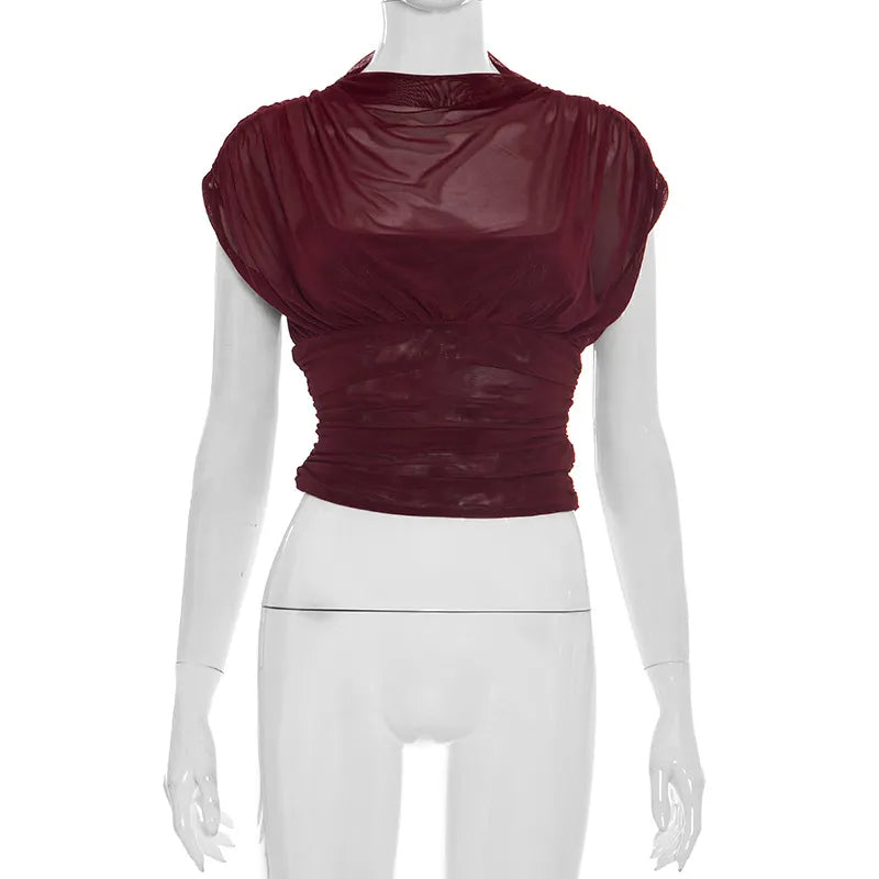 Solid-color Crew-neck Sleeveless Mesh Fitted Top