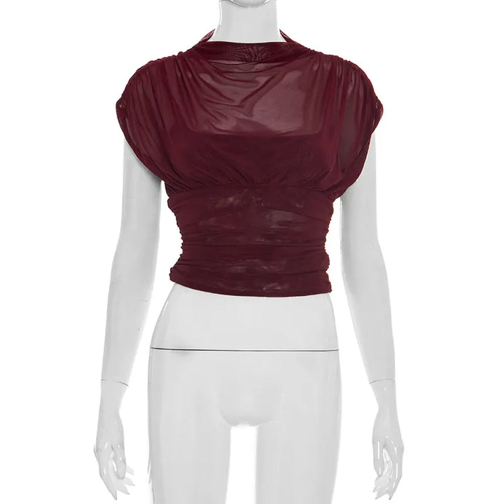 Solid-color Crew-neck Sleeveless Mesh Fitted Top