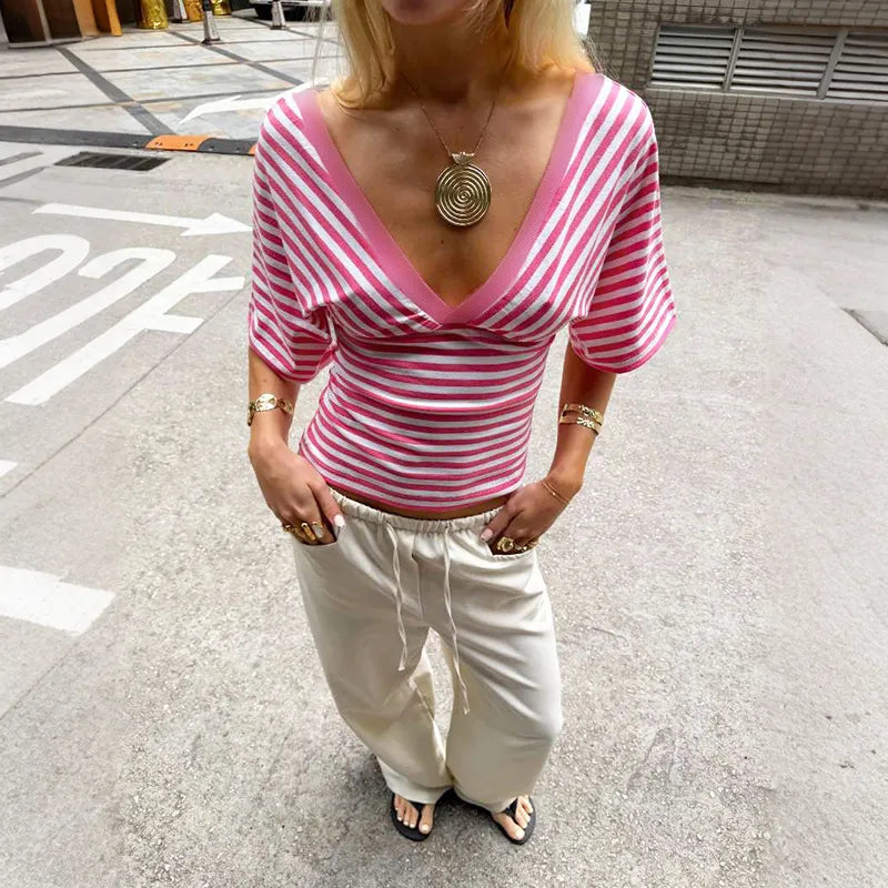 Cinched-waist Striped Print Trendy Off-shoulder Top