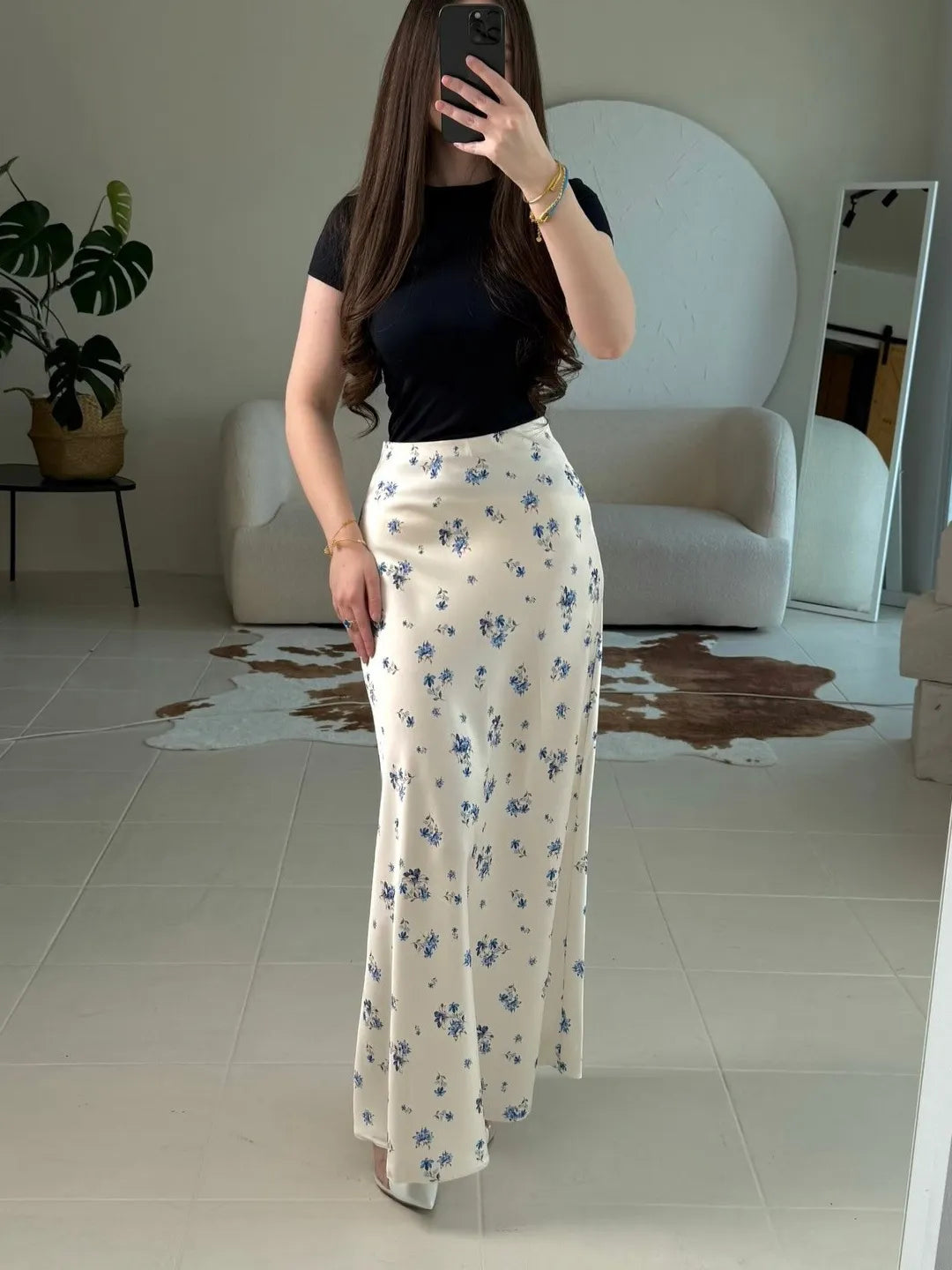 Base Ditsy Floral Print High Waist Satin Mermaid Midi Slip Skirt