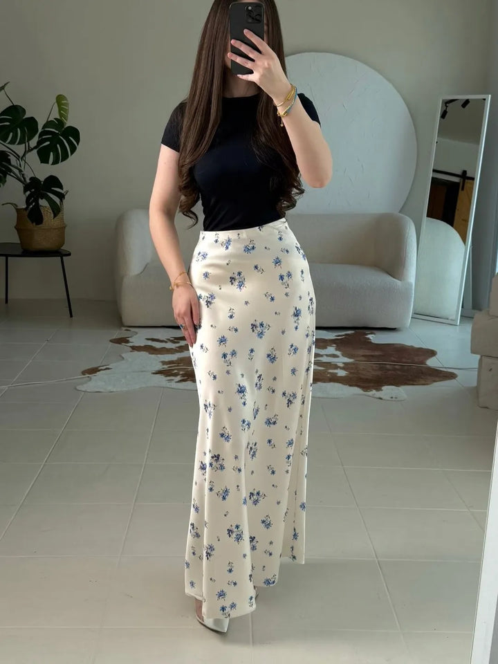 Base Ditsy Floral Print High Waist Satin Mermaid Midi Slip Skirt