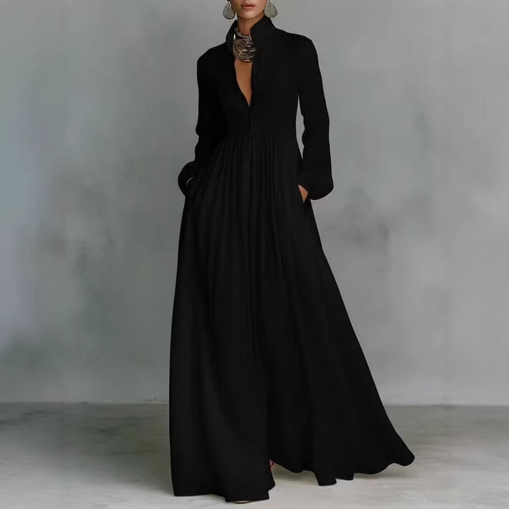 Casual Long-Sleeve Pleated Dress with Cinched Waist