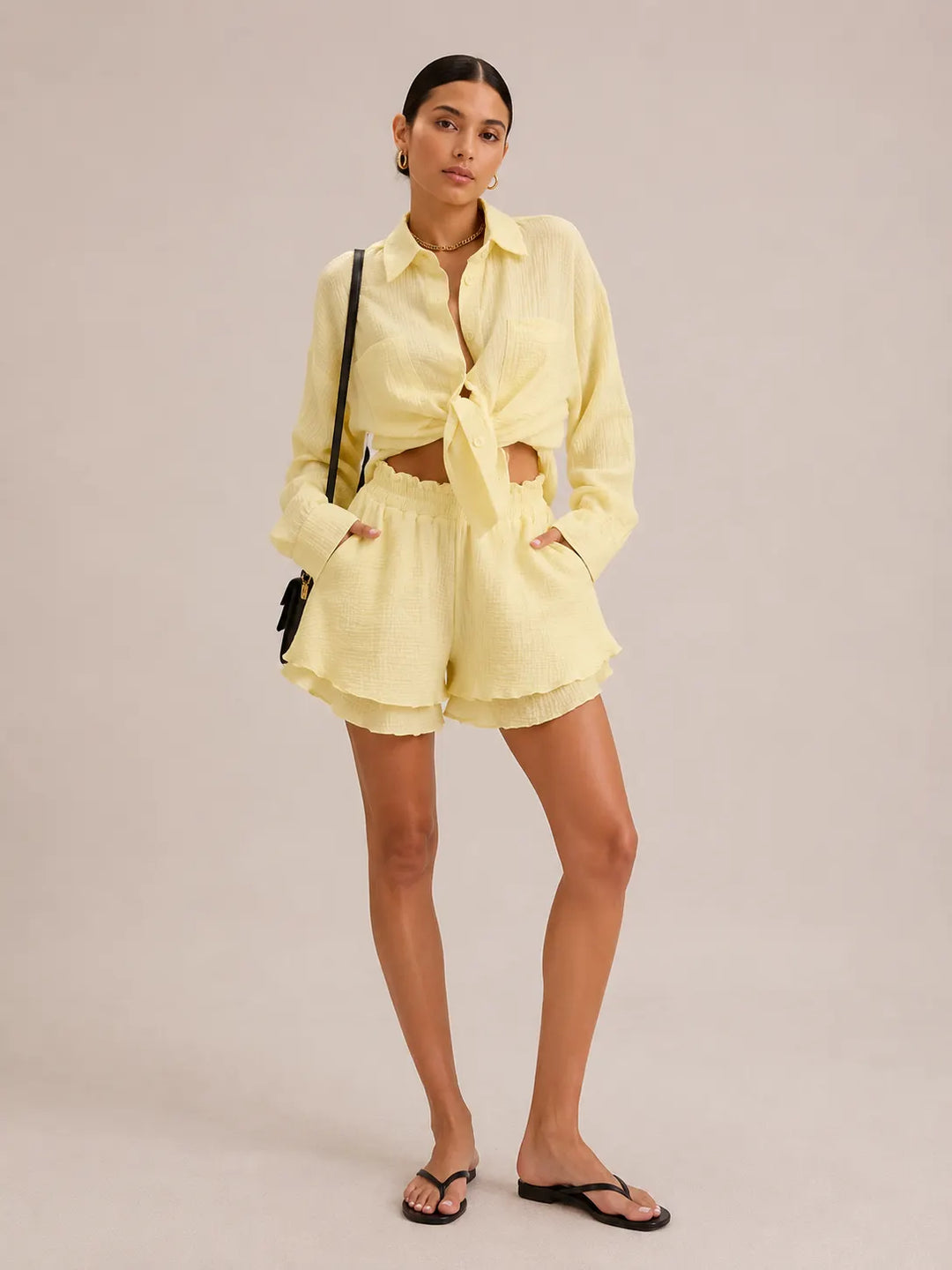 Long Sleeve Ruffled Shirt Double Layer Casual Shorts Suit