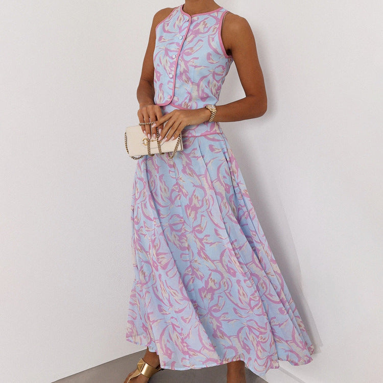 Abstract Print Sleeveless Crop Vest & Flared Midi Skirt 2-Piece Set