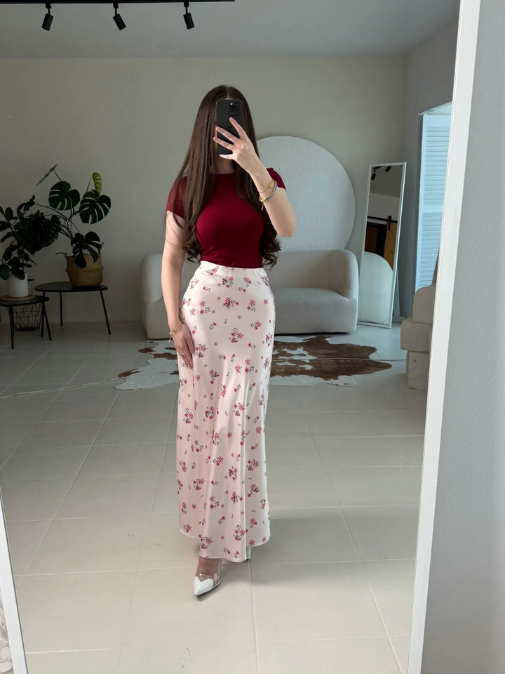 Base Ditsy Floral Print High Waist Satin Mermaid Midi Slip Skirt