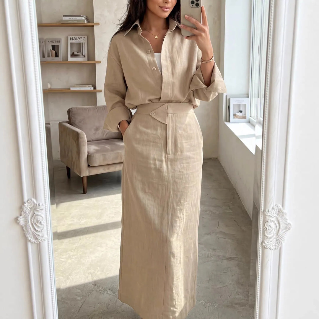 Fashionable Lapel Collar Loose-Fit Long-Sleeve Shirt And High-Waist Skirt Set
