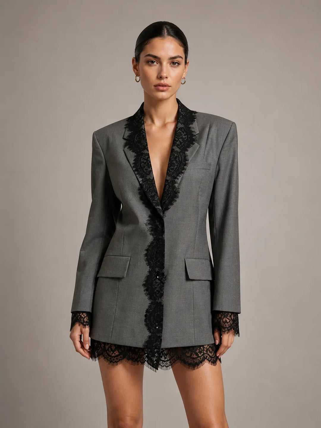 Elegant Grey Blazer Featuring A Lace-paneled Embroidered Lapel