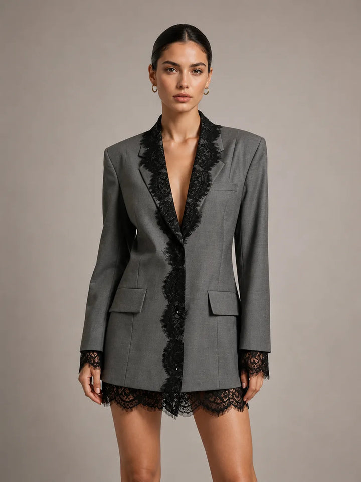 Elegant Grey Blazer Featuring A Lace-paneled Embroidered Lapel