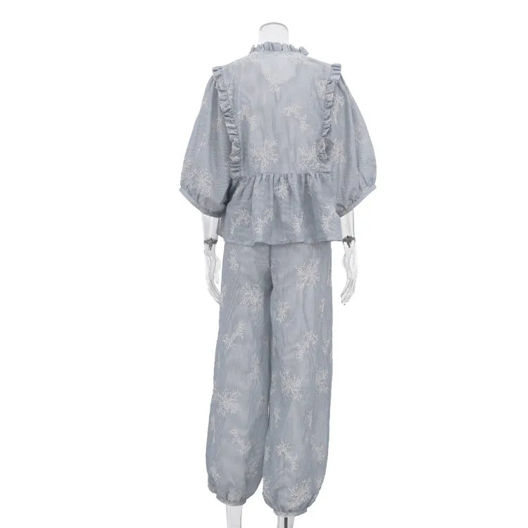 Embroidery Ruffle Tie Neck Puff Sleeve Crop Top &amp; Wide Leg Pants 2-Piece Loungewear Set