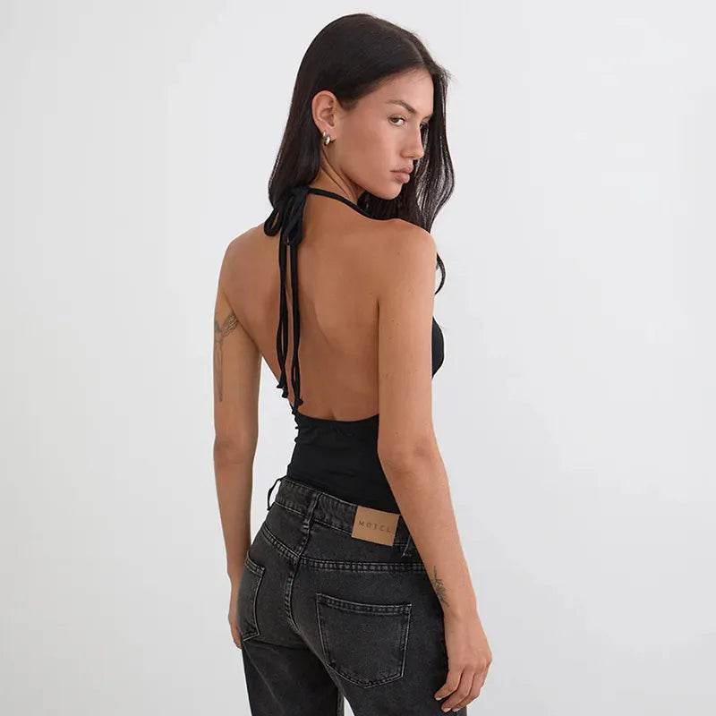 Backless Solid-color Strap Crop Top For Women
