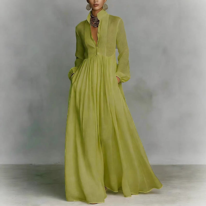 Casual Long-Sleeve Pleated Dress with Cinched Waist