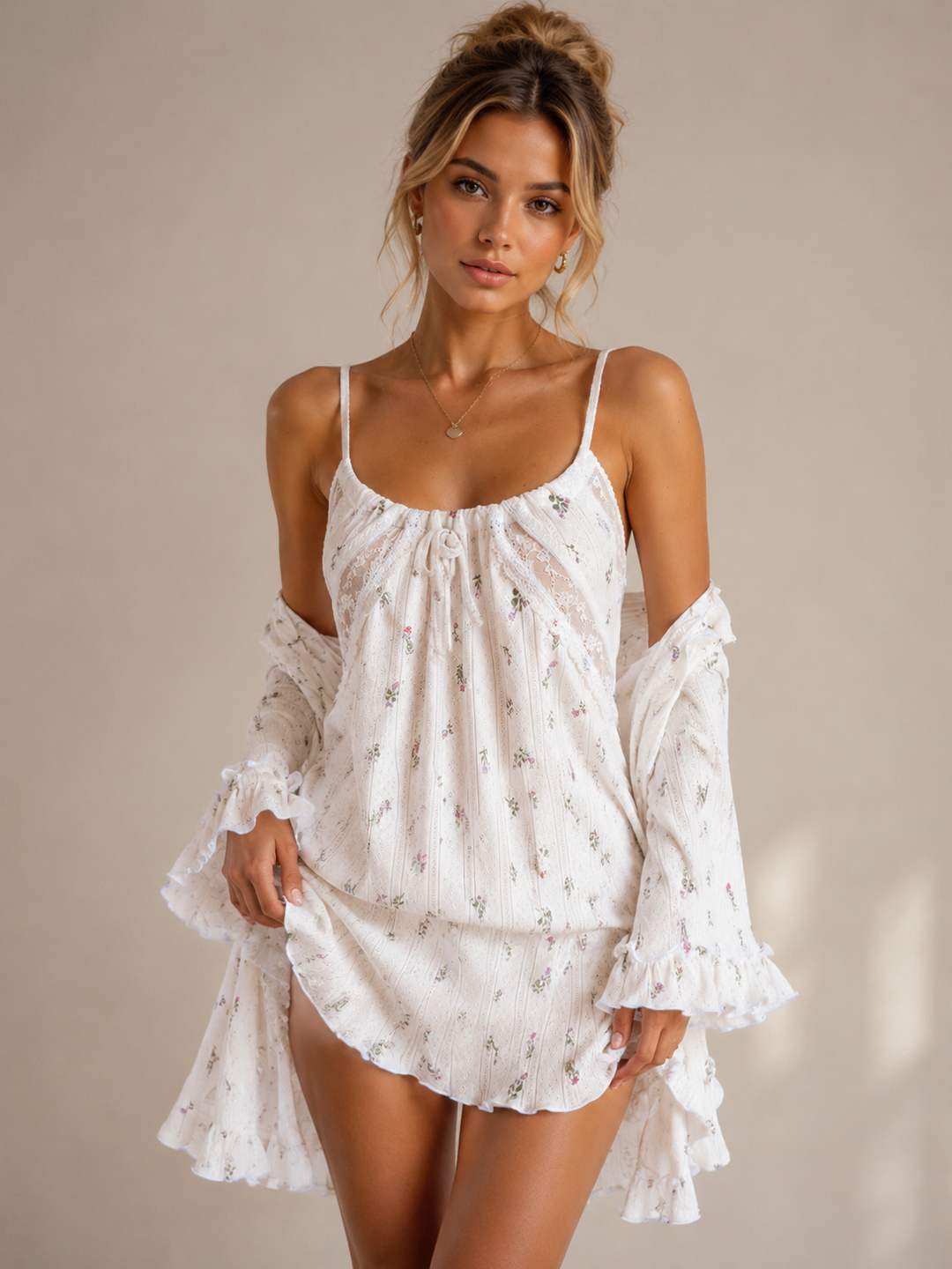 Knitted Breathable Jacquard Hollow-out Long-sleeve Tunic With Straps