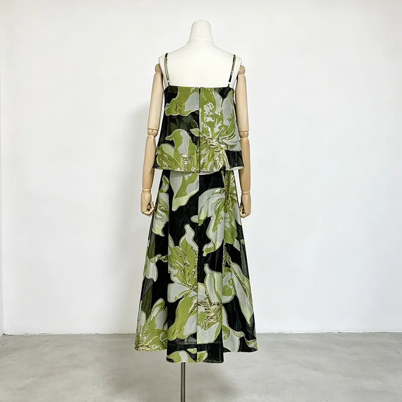 Floral Organza Spaghetti Strap Cropped Top & Midi Skirt Two-Piece Set