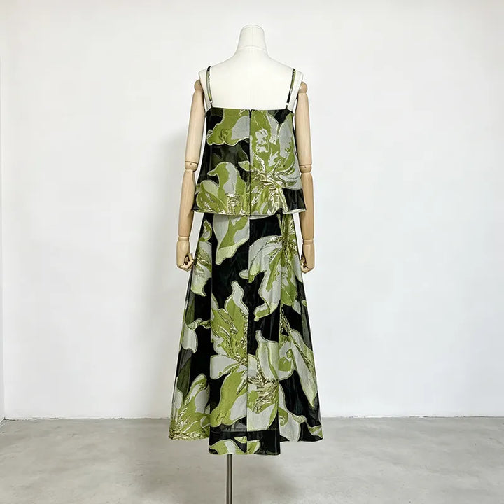 Floral Organza Spaghetti Strap Cropped Top &amp; Midi Skirt Two-Piece Set