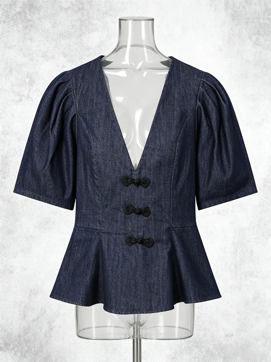 Frog Button Puff Sleeve Peplum V-Neck Blouse