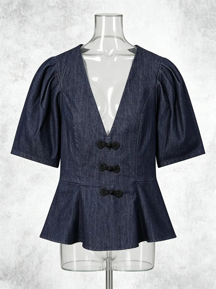 Frog Button Puff Sleeve Peplum V-Neck Blouse