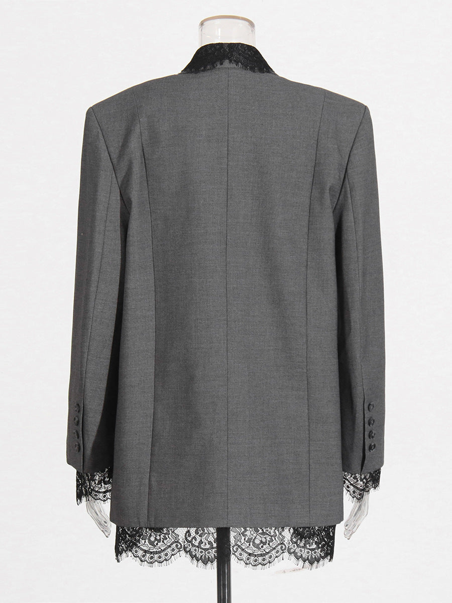 Elegant Grey Blazer Featuring A Lace-paneled Embroidered Lapel