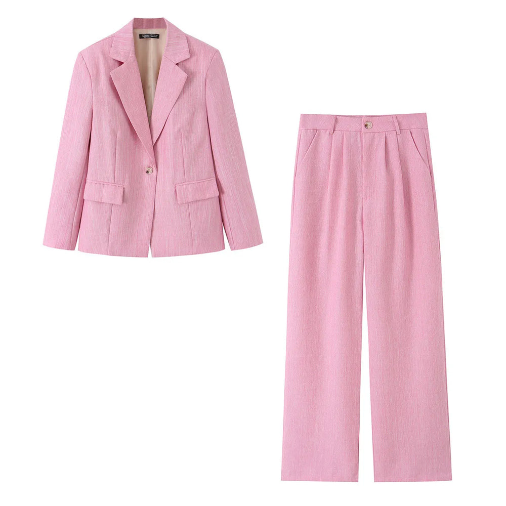 Single Button Blazer & Pleated Wide Leg Pants 2-Piece Suit Set