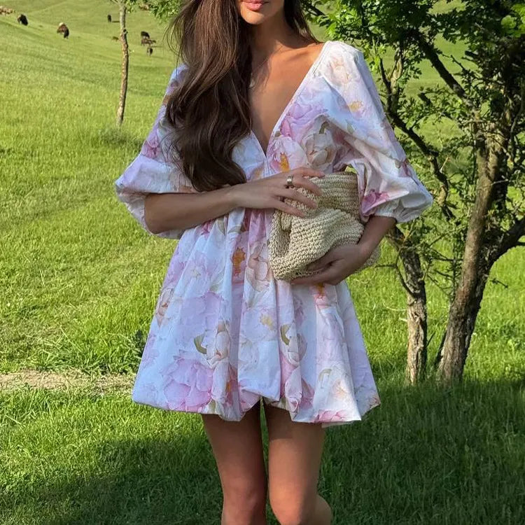 Sexy Open-Back V-Neck Puff-Sleeve Tie-Waist Dress