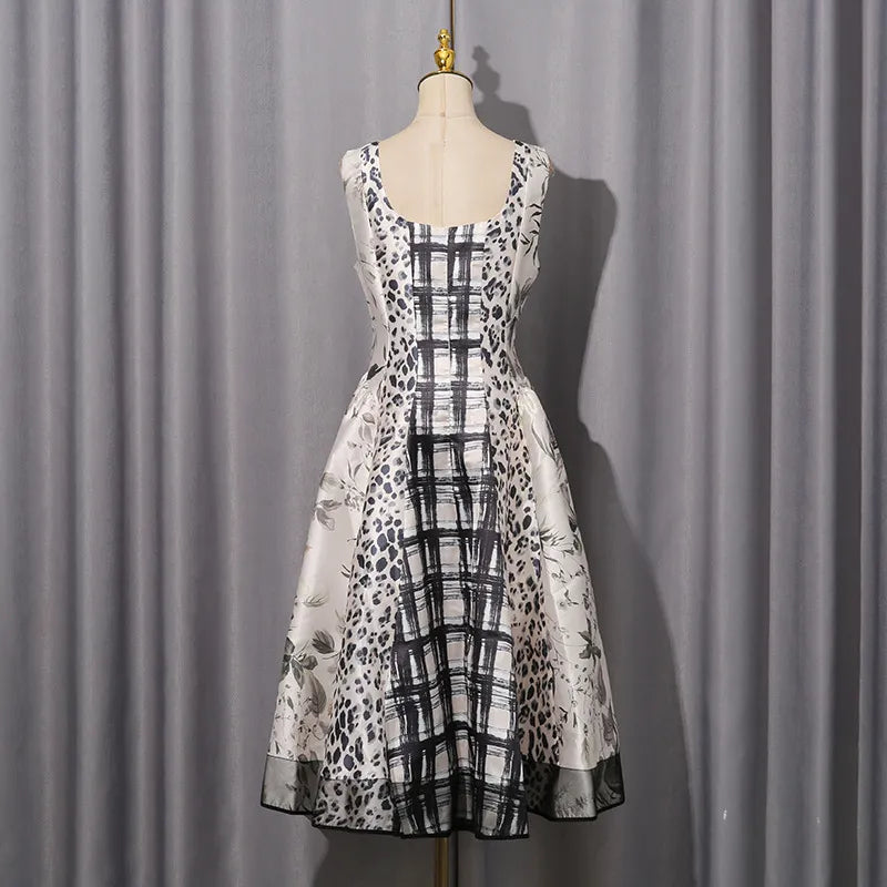 Leopard &amp; Botanical Print Square Neck Satin Midi Swing Dress