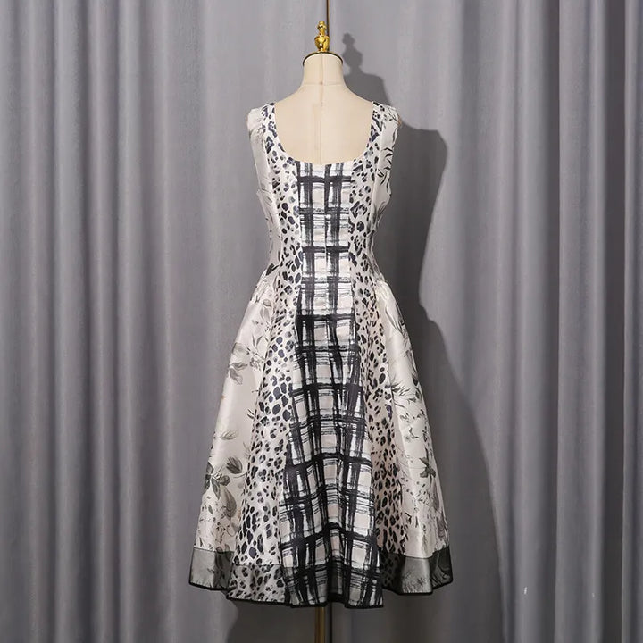Leopard &amp; Botanical Print Square Neck Satin Midi Swing Dress