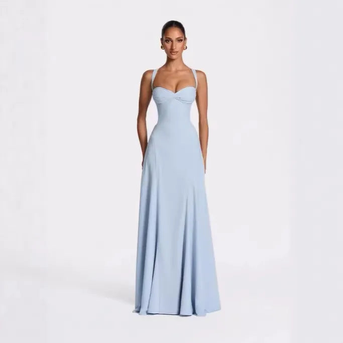 Backless Solid Color Asymmetrical Strap Long Dress