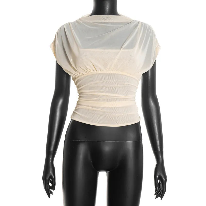 Solid-color Crew-neck Sleeveless Mesh Fitted Top
