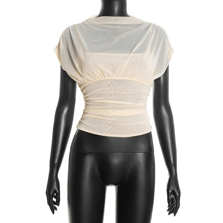 Solid-color Crew-neck Sleeveless Mesh Fitted Top