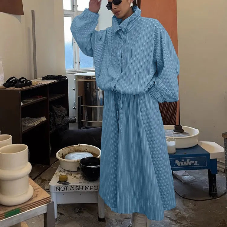 Stylish Two-Piece Set-Long-Sleeve, Single-Breasted Top With Stand Collar