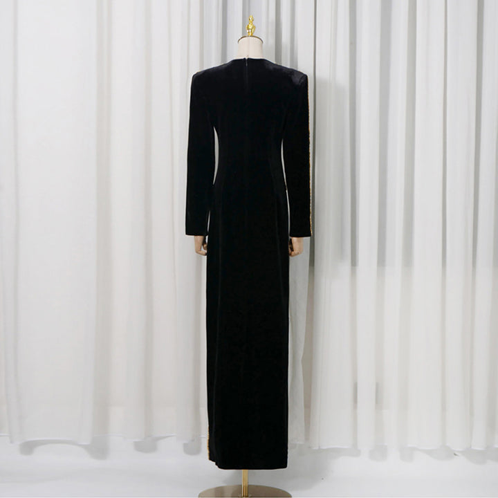 Velvet Gold Rhinestone Trim Long Sleeve Split Maxi Evening Gown