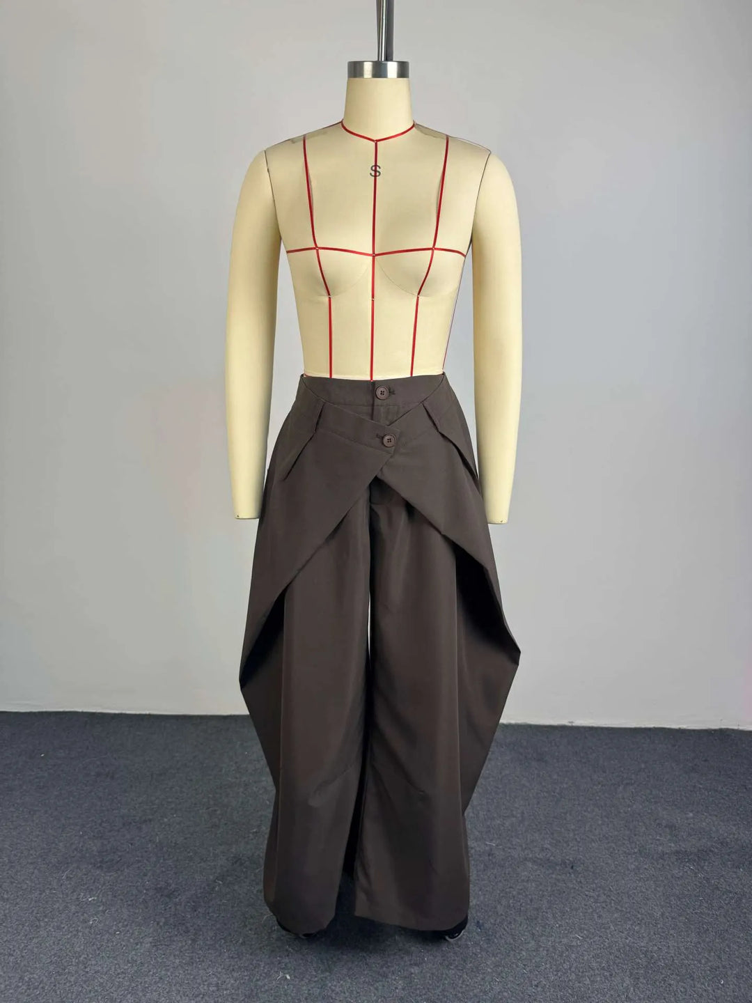 Asymmetric Cross Over Fold Waist Deconstructed Wide Leg Tailored Pants