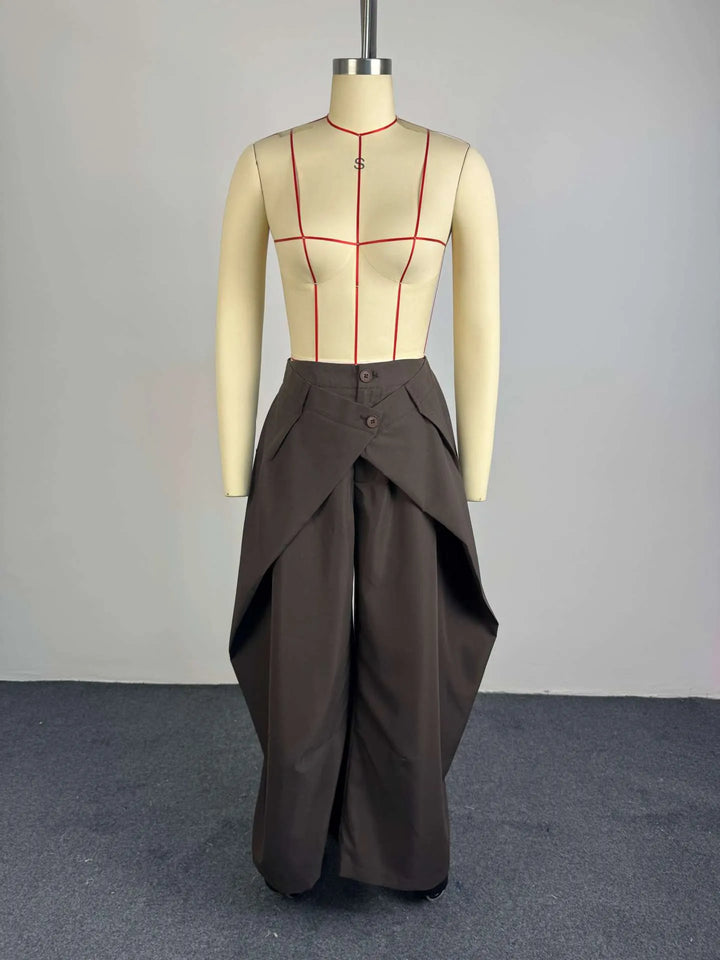 Asymmetric Cross Over Fold Waist Deconstructed Wide Leg Tailored Pants