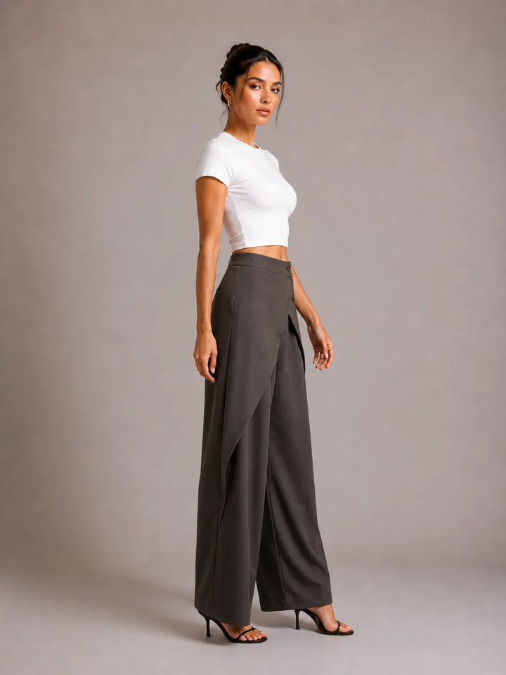 Asymmetric Cross Over Fold Waist Deconstructed Wide Leg Tailored Pants
