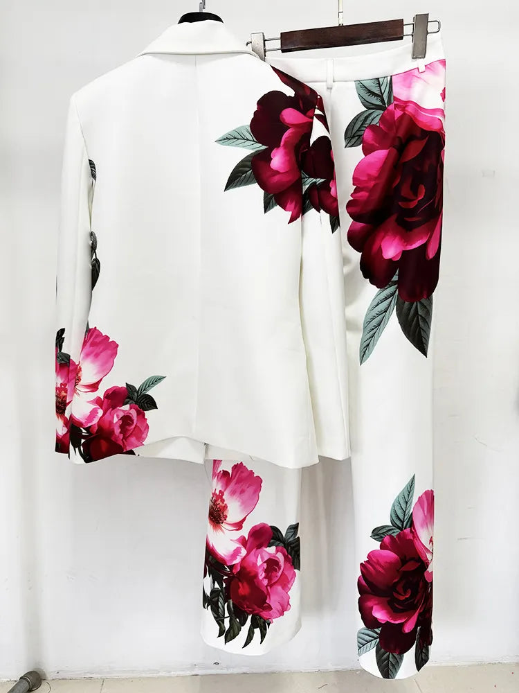 White Large Red Rose Floral Print Single Button Blazer &amp; Wide Leg Pants 2-Piece Suit Set