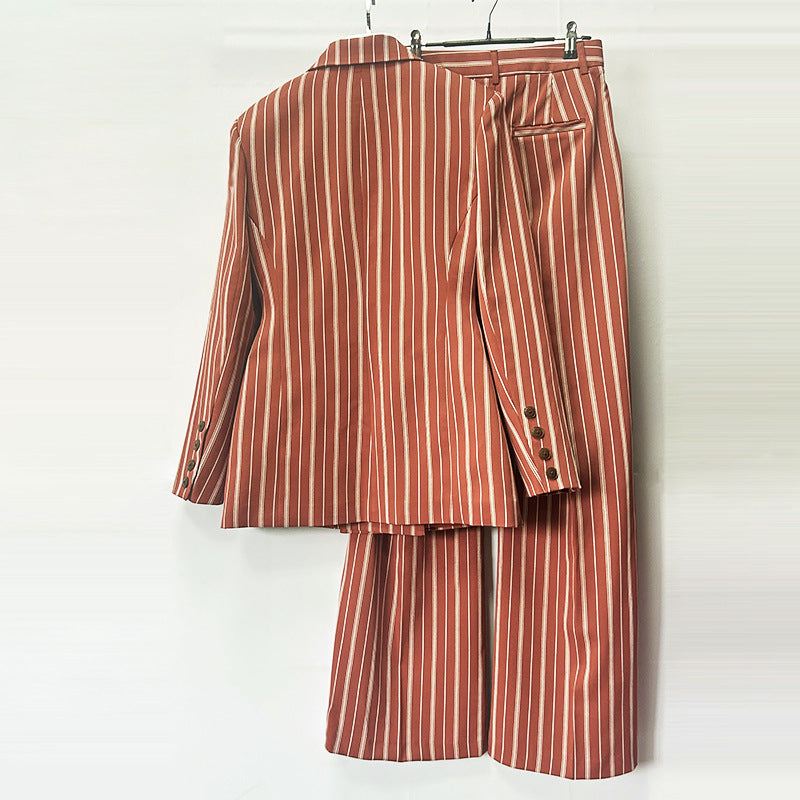 Erracotta White Vertical Stripe Double Breasted Blazer &amp; Wide Leg Floor Pants 2-Piece Suit Set