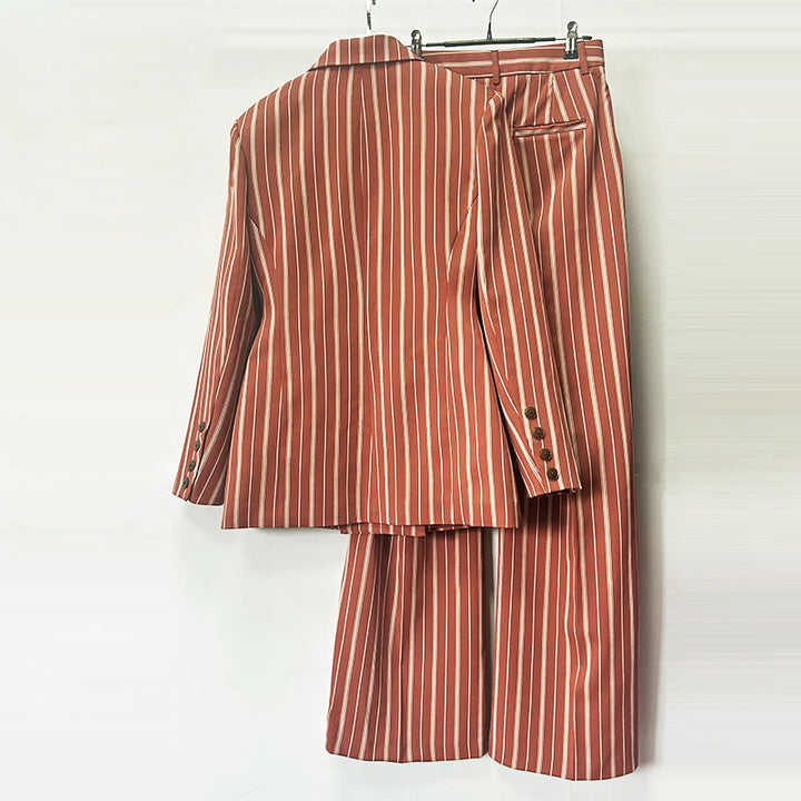 Erracotta White Vertical Stripe Double Breasted Blazer &amp; Wide Leg Floor Pants 2-Piece Suit Set