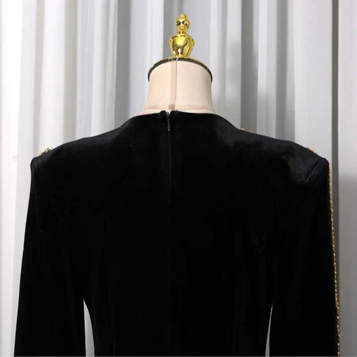 Velvet Gold Rhinestone Trim Long Sleeve Split Maxi Evening Gown