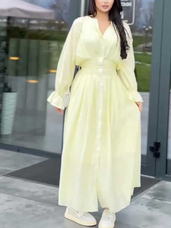 Puff Long Sleeve Gathered Waist Button Front Flowy Dress