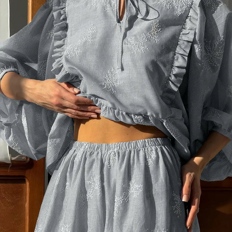 Embroidery Ruffle Tie Neck Puff Sleeve Crop Top &amp; Wide Leg Pants 2-Piece Loungewear Set