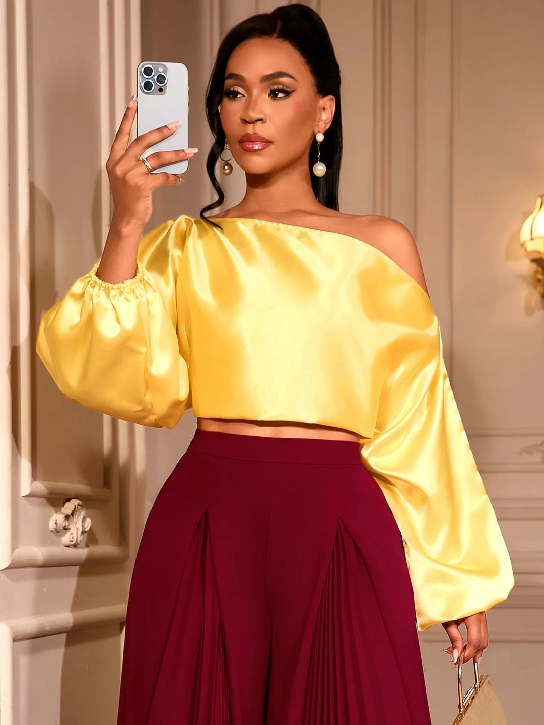 One Shoulder Balloon Puff Sleeve Cropped Blouse
