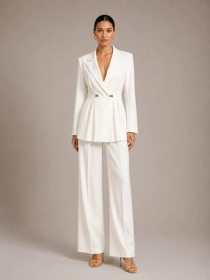 Solid-color Long-sleeve Fitted Blazer &amp; High-waisted Straight-leg Trousers Set