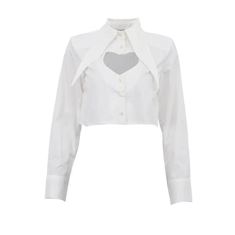 Pointed Collar Heart Cutout Long Sleeve Crop Shirt